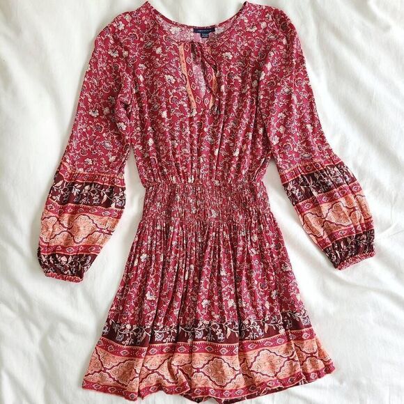 American‎ Eagle Boho Fit & Flare Mini Dress Women's XS Multicolor 100% Viscose - Picture 1 of 6